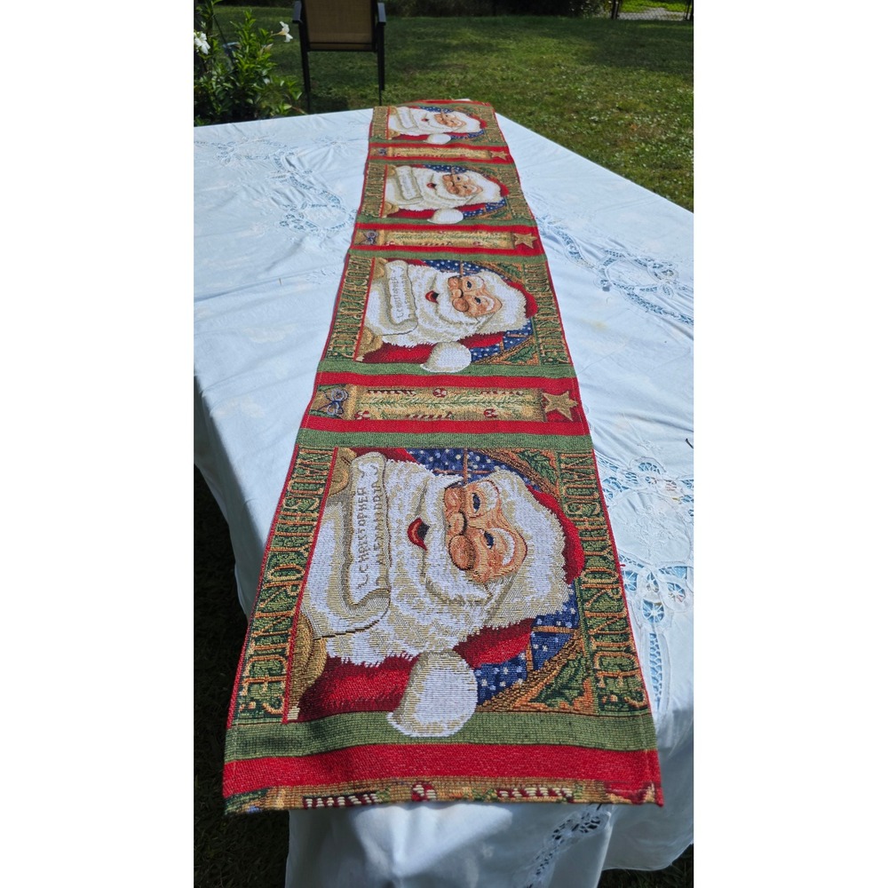 VTG Santa Claus Table Runner Christmas "Naughty or Nice" Embroidered Tapestry